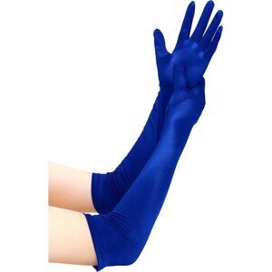 Women's Smooth Blue Long Satin Gloves Elbow Length Party Costume Accessory